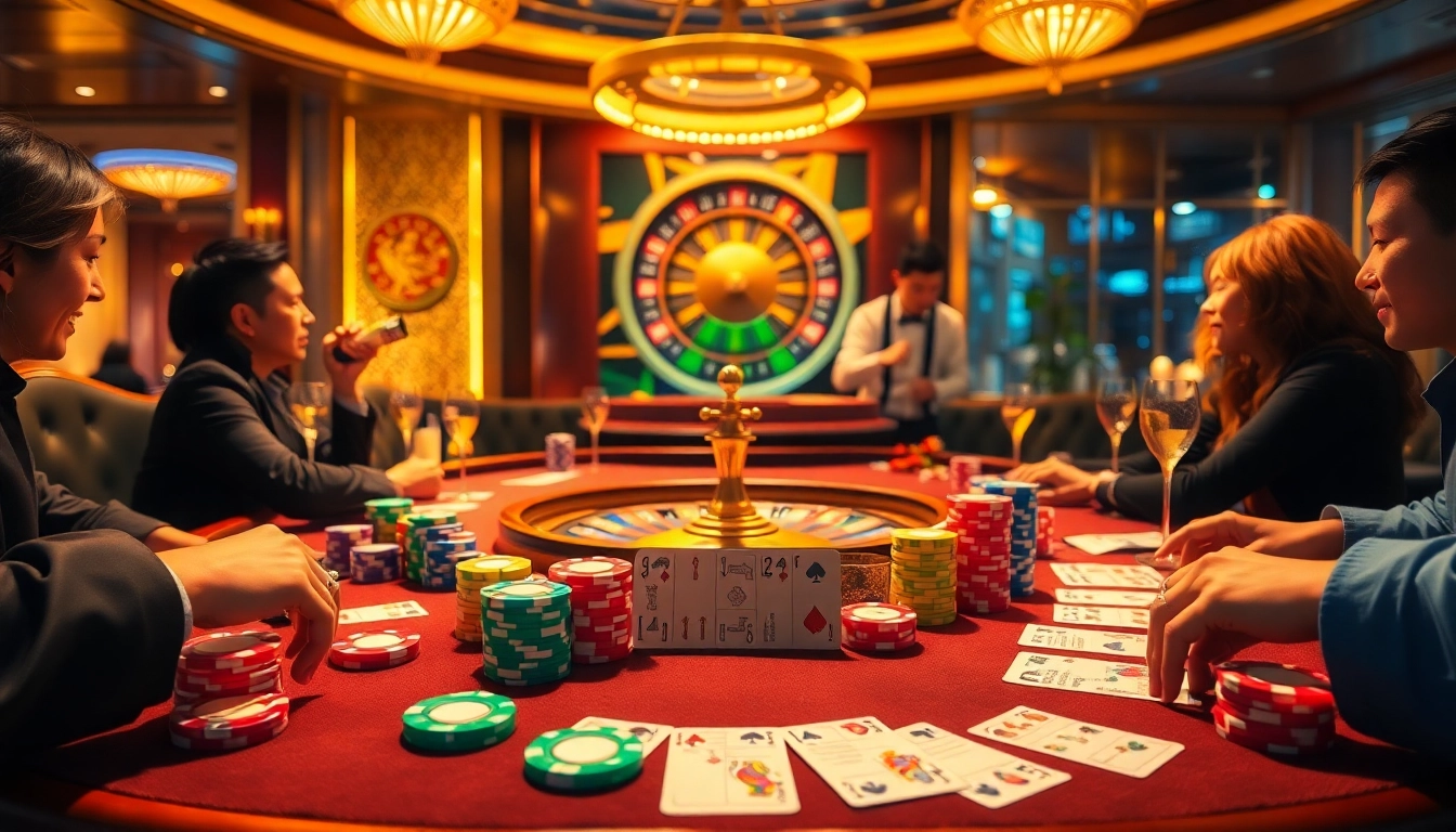 The scene showcases players engaged at a poker table, highlighting tỷ lệ kèo nhà cái and vibrant betting slips.