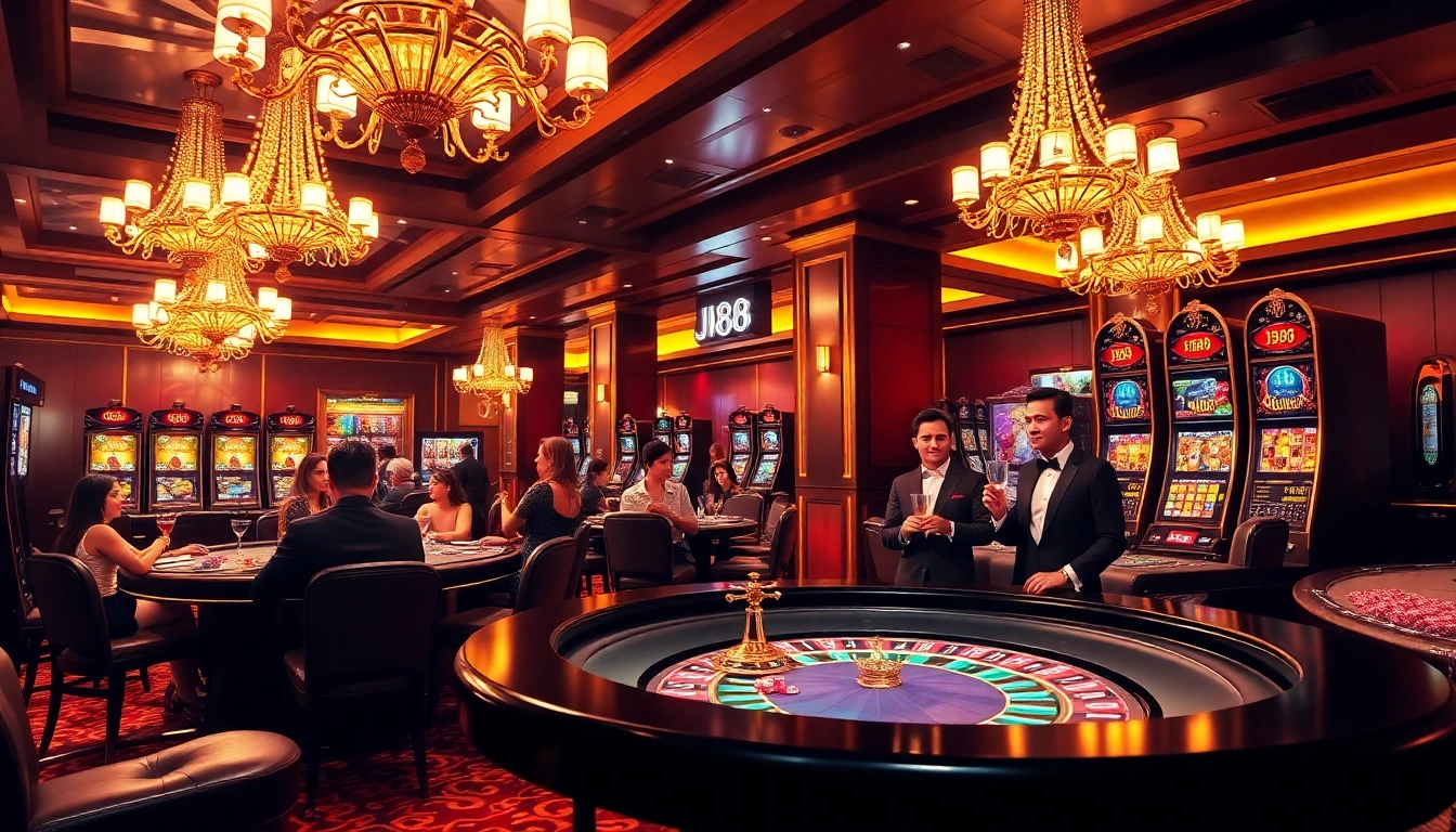 Gamblers enjoying their experience at a luxury casino with a J88-themed slot machine.