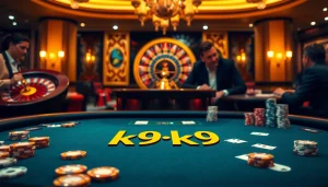 Engaged players experiencing k9k9 luxury at a casino poker table with vibrant chips.