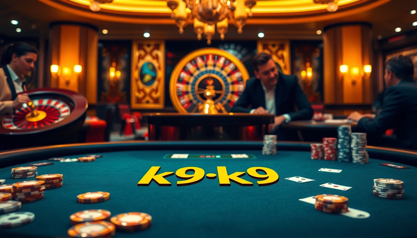 Engaged players experiencing k9k9 luxury at a casino poker table with vibrant chips.