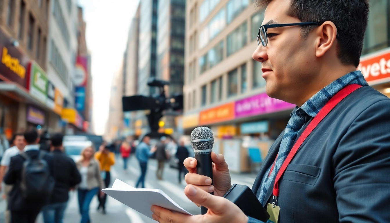 Capture the essence of news reporting on https://www.thedailynewsonline.com, featuring a journalist in an urban setting.