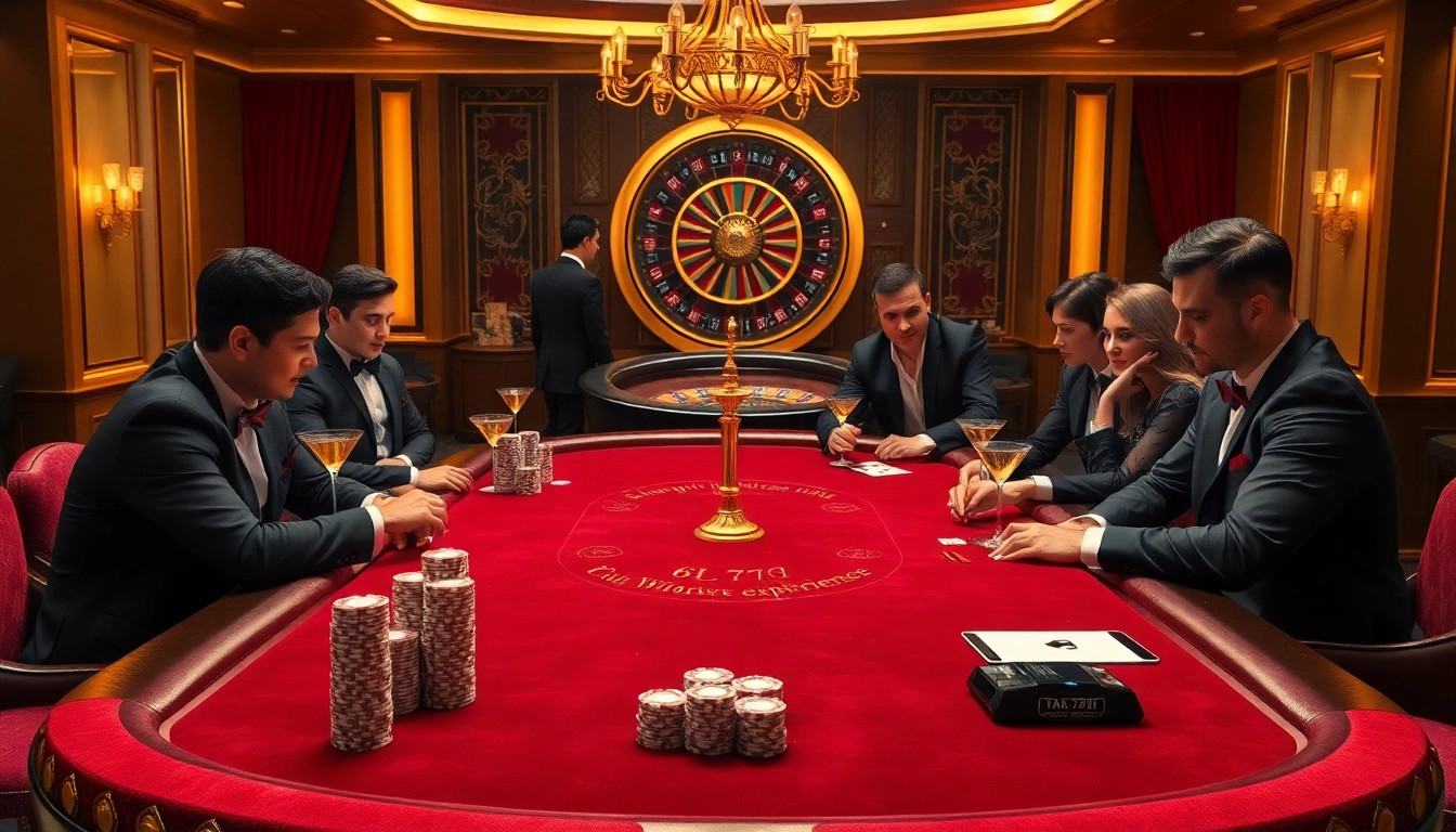 Players enjoying high-stakes poker at the luxurious 6L777 VIP casino table with vibrant chips and rich decor.