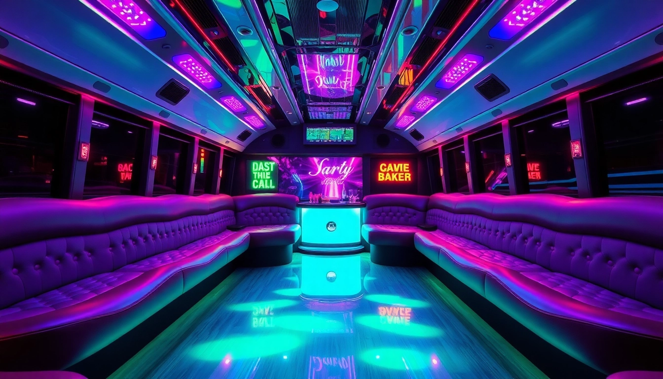 Luxury party bus interior with ambient lighting and festive decor for celebrations.