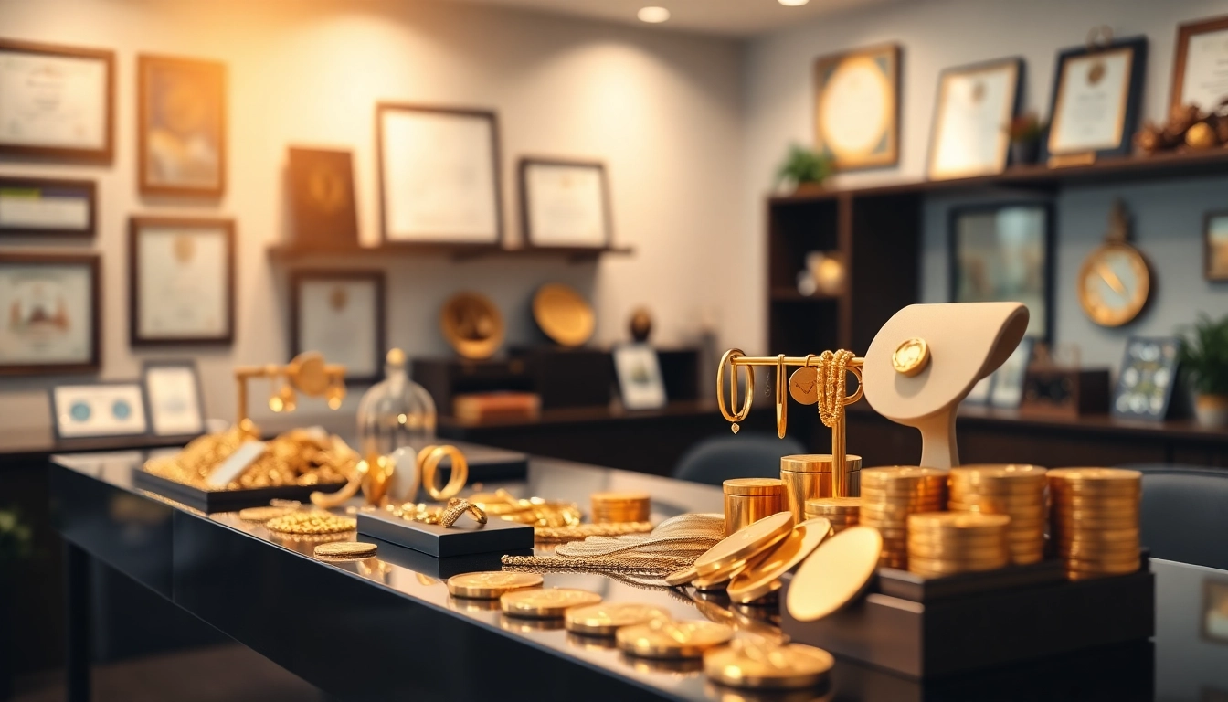 Valuta compro oro prezioso con gioielli e monete sullo sfondo di un ufficio elegante.