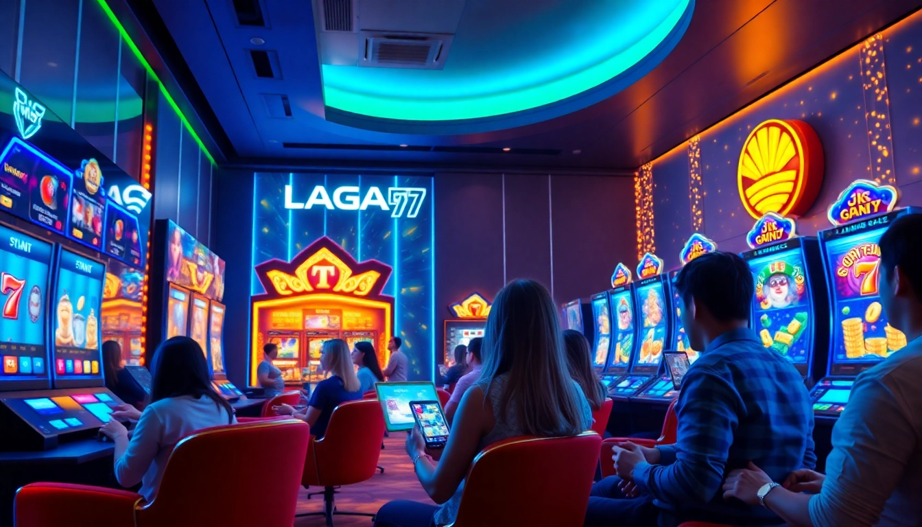 LAGAGAME77 gaming scene showcasing players engaged with vibrant slot games in a lively online environment.