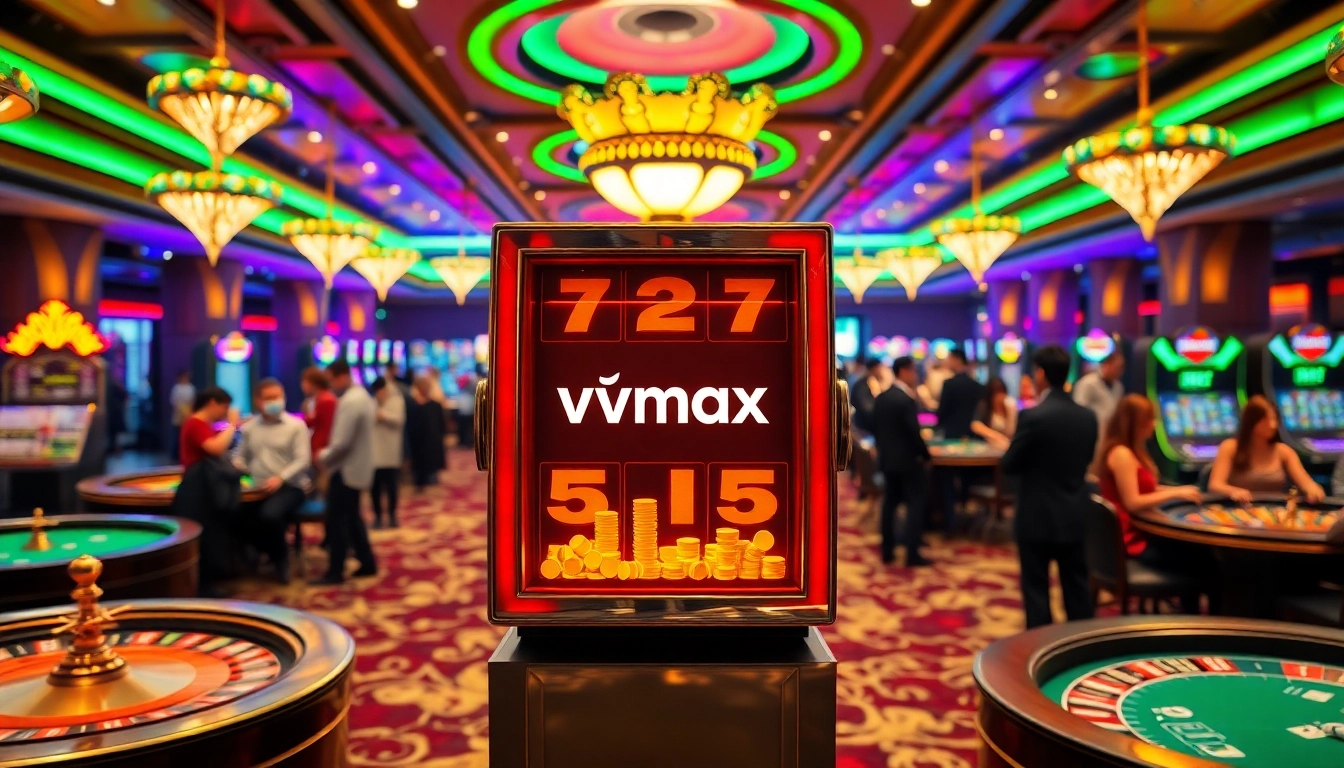 Nổ hũ vmax game excitement captured in a vibrant casino scene with players and dynamic slot machines.