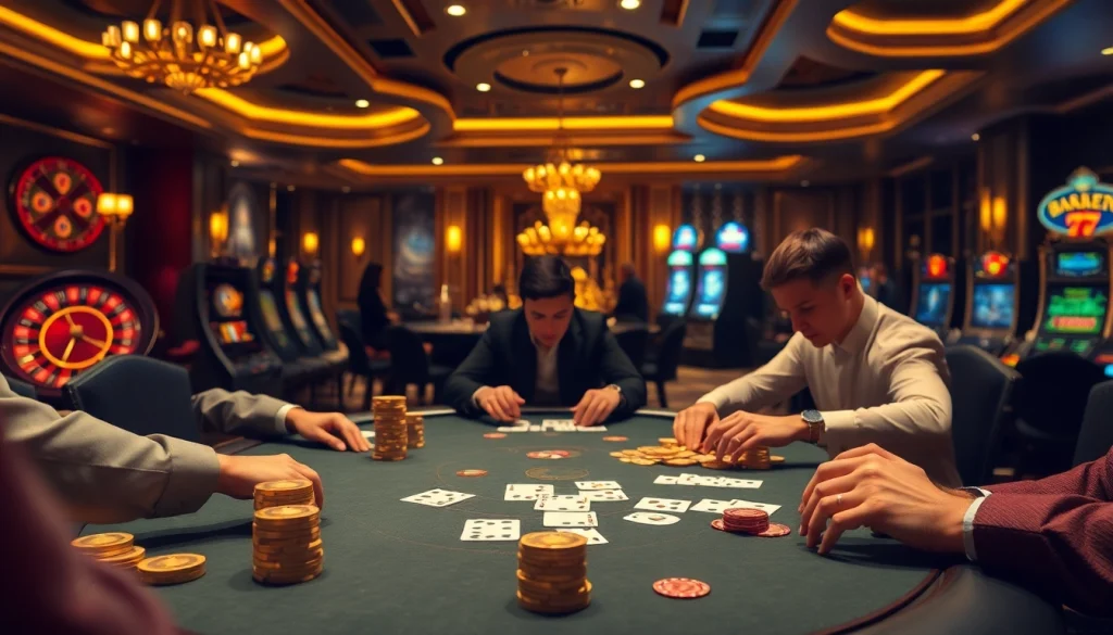 Players immerse in high-stakes poker at https://xx88.nl/, surrounded by dazzling casino visuals.