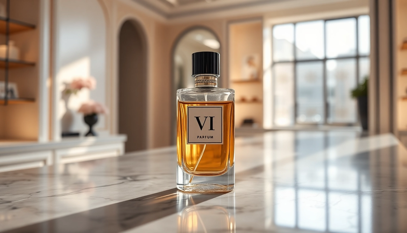 Stylish presentation of parfum vi by gianni vive sulman bottle on marble. Elegant and luxurious.