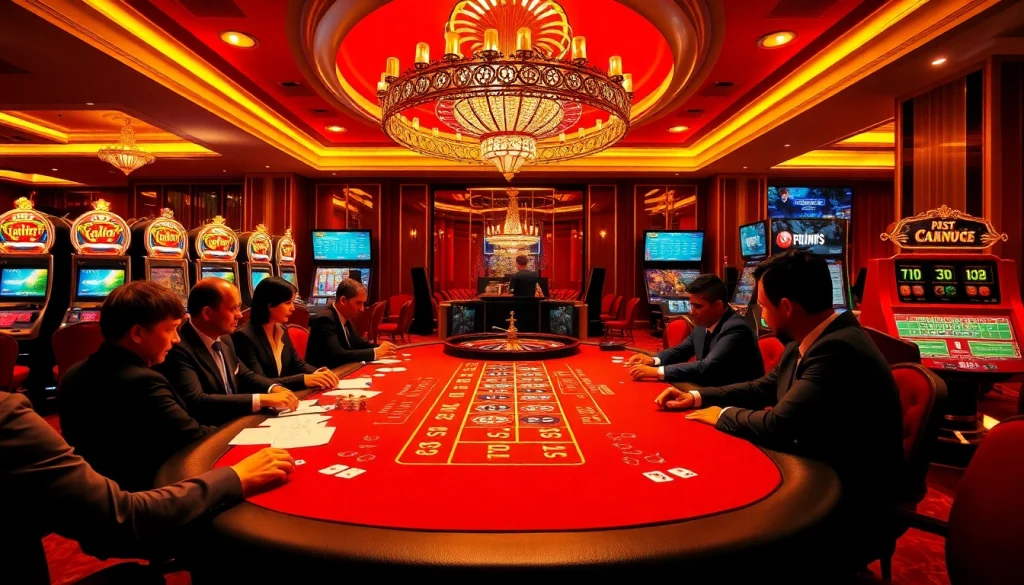 Experience the thrill of gambling at https://rr88.navy/ with a luxurious casino scene featuring poker tables and roulette wheels.