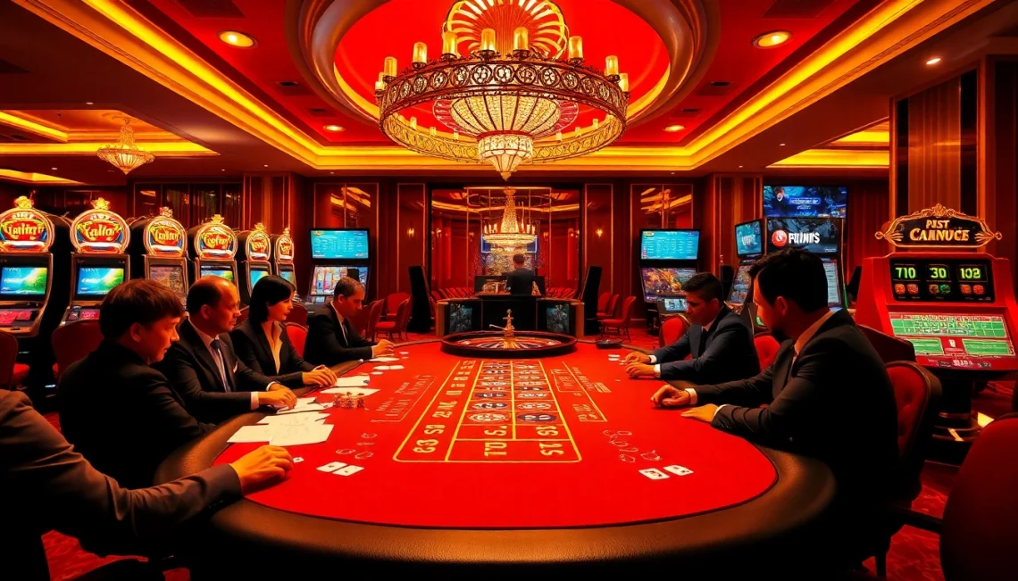 Experience the thrill of gambling at https://rr88.navy/ with a luxurious casino scene featuring poker tables and roulette wheels.