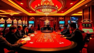 Experience the thrill of gambling at https://rr88.navy/ with a luxurious casino scene featuring poker tables and roulette wheels.