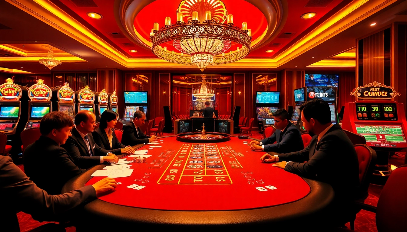 Experience the thrill of gambling at https://rr88.navy/ with a luxurious casino scene featuring poker tables and roulette wheels.