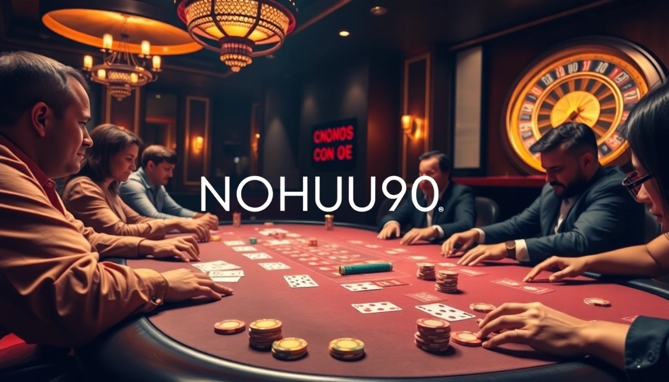 Experience thrilling poker gameplay at NOHU90 with vibrant chips and cards.