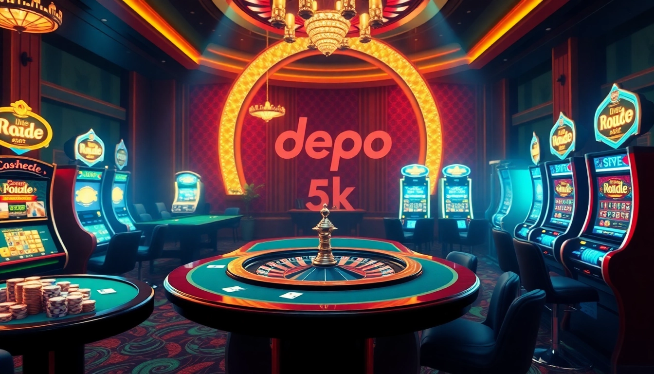 Experience the thrill of winning with depo 5k at an elegant casino table surrounded by vibrant gaming elements.