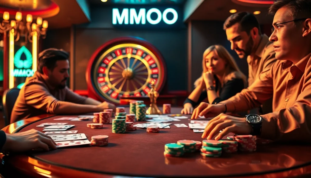 Experience thrilling gambling action at MMOO-inspired casino tables with vibrant poker chips.