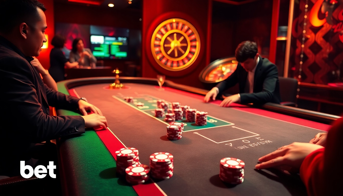 Bet88 poker game scene featuring a high-stakes table, chips, and a spinning roulette wheel