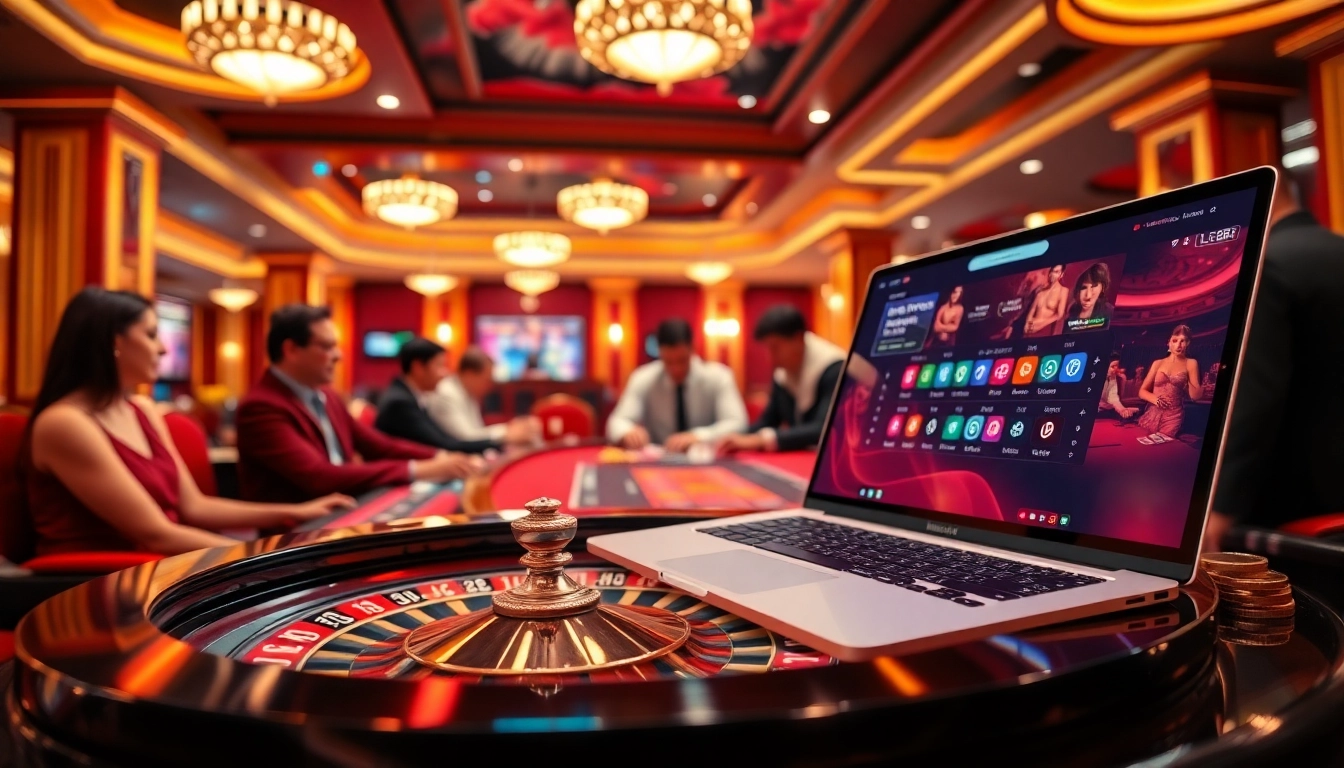 Experience luxury at https://lc88.jpn.com/ with players enjoying a lively roulette game in a glamorous casino setting.