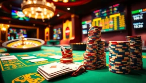 Engaging gambling scene at https://xx88.nl/ featuring vibrant casino tables and poker chips.