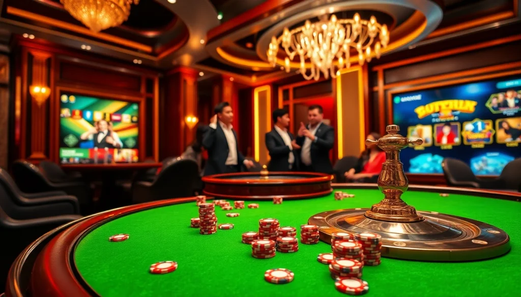 Engage in thrilling gameplay at s88vip with vibrant casino visuals of poker chips and roulette tables.