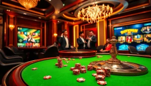 Engage in thrilling gameplay at s88vip with vibrant casino visuals of poker chips and roulette tables.