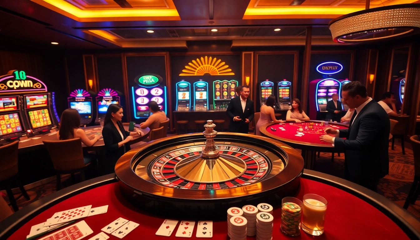 Experience the thrill of oxplay with players engaging at a luxurious casino table, showcasing a roulette wheel and colorful slot machines.