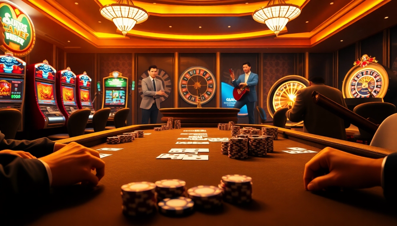 Experience the thrill of gambling at https://vaoluoitv.it.com with vibrant casino visuals showcasing poker tables.