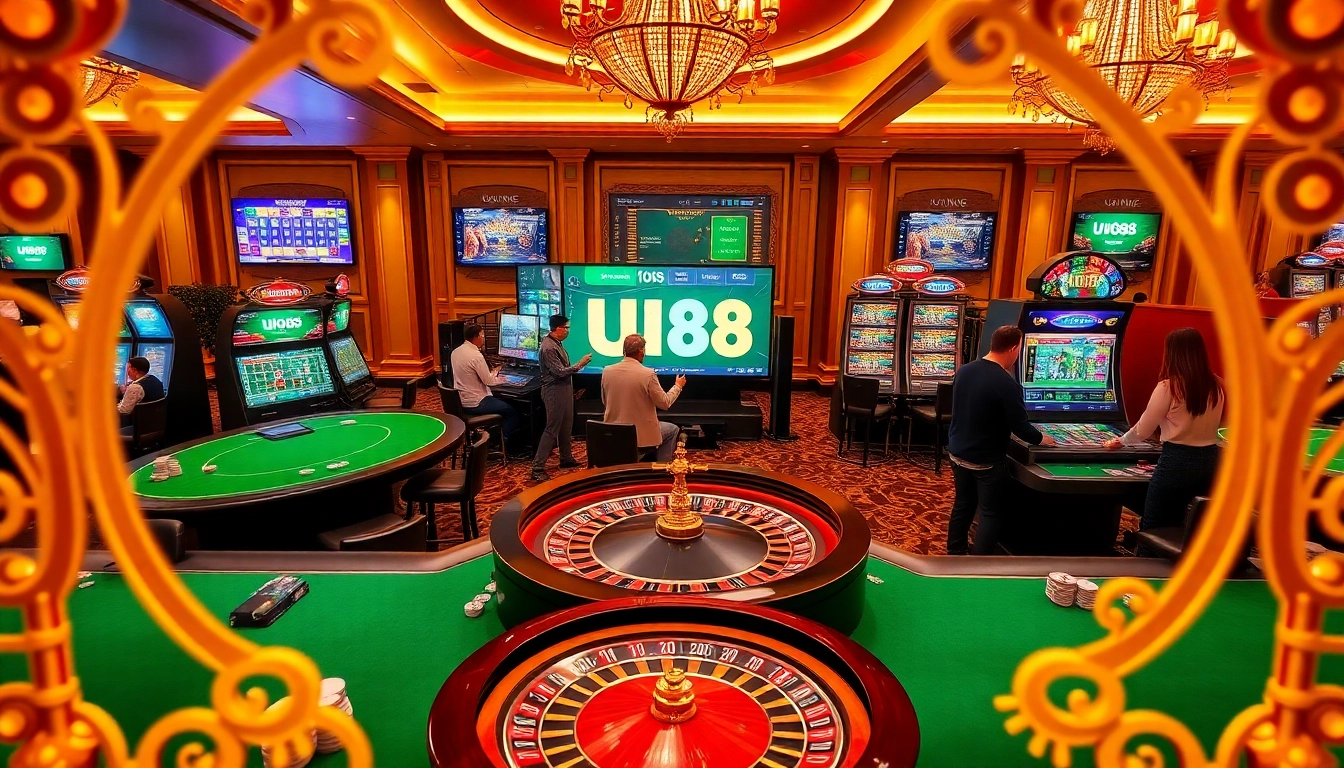 Players immersed in the luxury of UU88 online gambling, celebrating wins at casino tables.