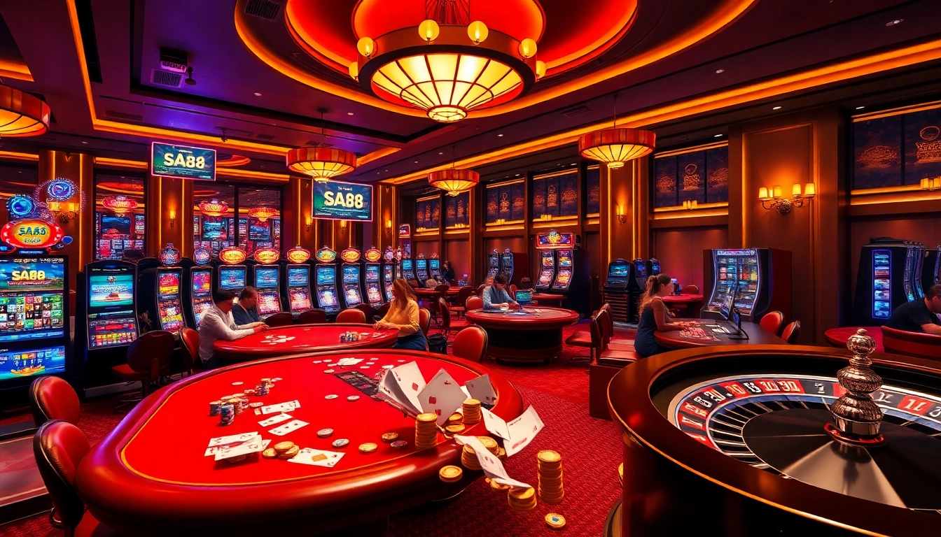 Experience thrilling gameplay at SA88 with vibrant casino tables, bright slot machines, and engaging roulette wheels.
