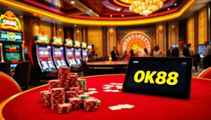 Experience engaging gameplay at OK88 with vibrant poker chips and a lively casino atmosphere.
