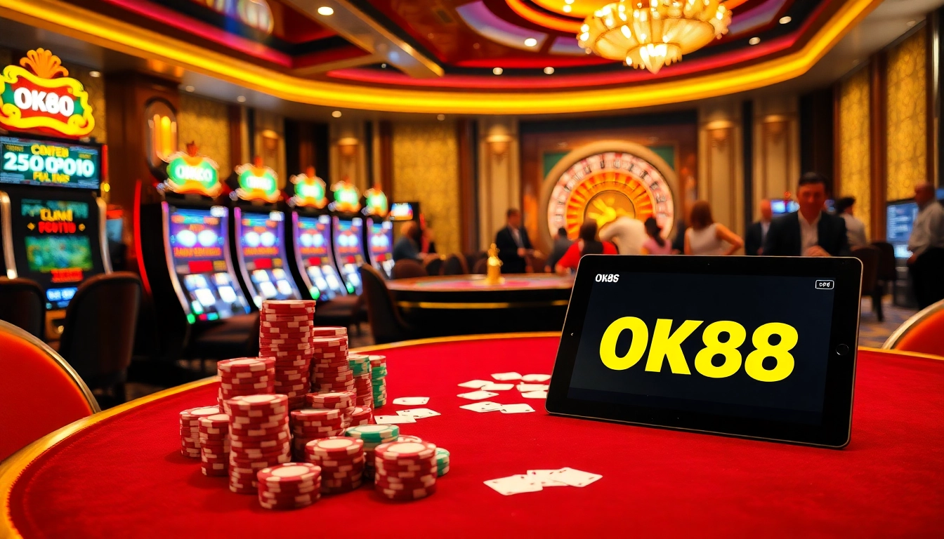 Experience engaging gameplay at OK88 with vibrant poker chips and a lively casino atmosphere.