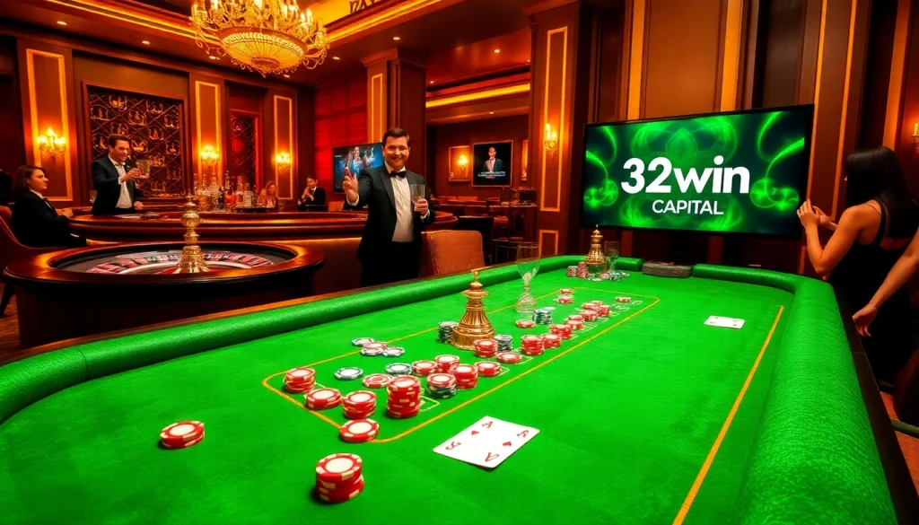 Place bets at the vibrant casino scene featuring https://32win.capital with poker chips and roulette wheel.