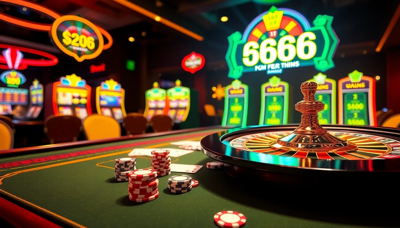 Engaging casino scene showcasing the excitement of viral88 with poker chips and spinning roulette.