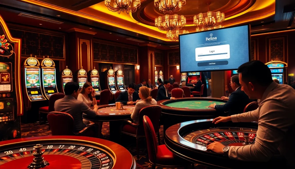 Exciting casino scene featuring high-stakes poker and login interface for online gambling.