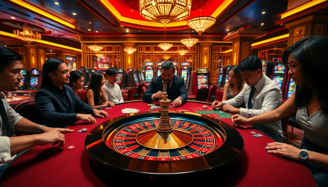 Players enjoying the excitement of RR88 at a luxurious casino table with roulette wheel and poker chips.