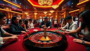 Players enjoying the excitement of RR88 at a luxurious casino table with roulette wheel and poker chips.