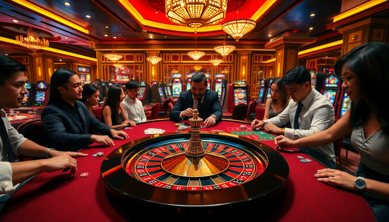 Players enjoying the excitement of RR88 at a luxurious casino table with roulette wheel and poker chips.