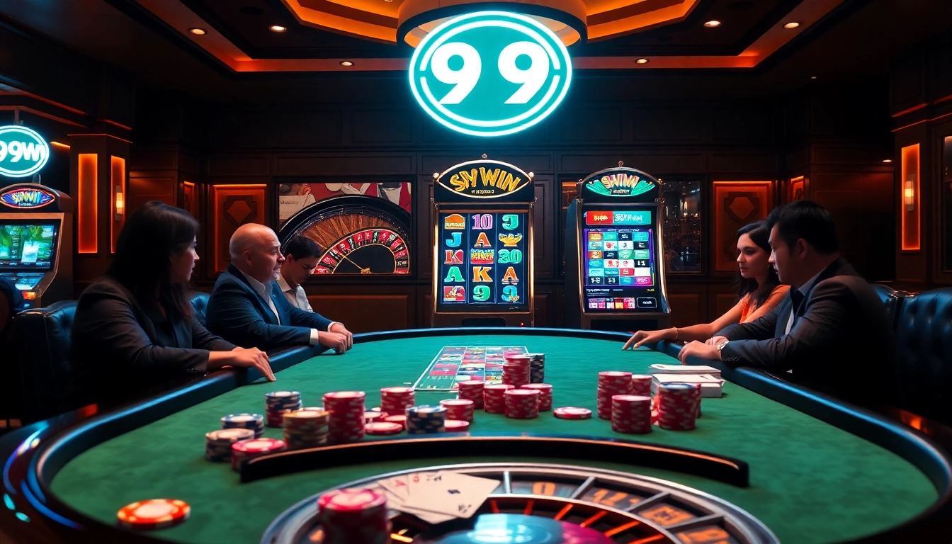 Win big at 99WIN with engaging poker gameplay captured in a vibrant casino setting.
