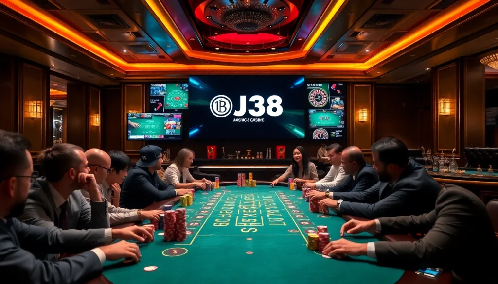 Players strategizing at the BJ38 poker table amidst a luxurious casino atmosphere.