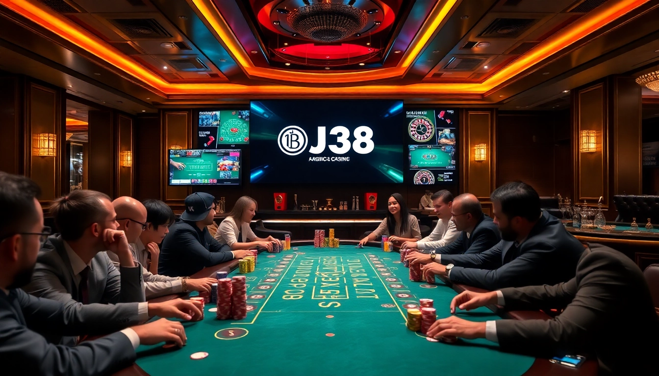 Players strategizing at the BJ38 poker table amidst a luxurious casino atmosphere.