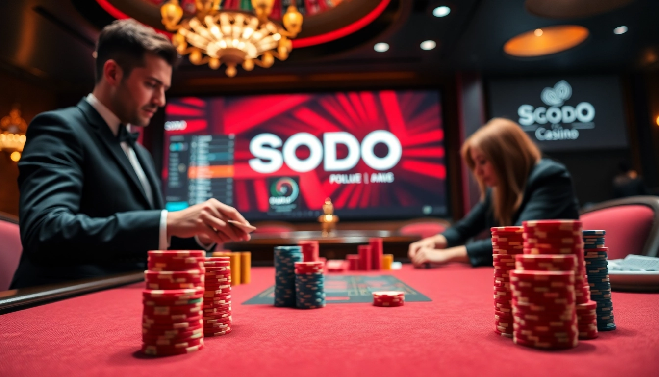SODO casino players actively engaging in high-stakes poker with vibrant chips and cards.