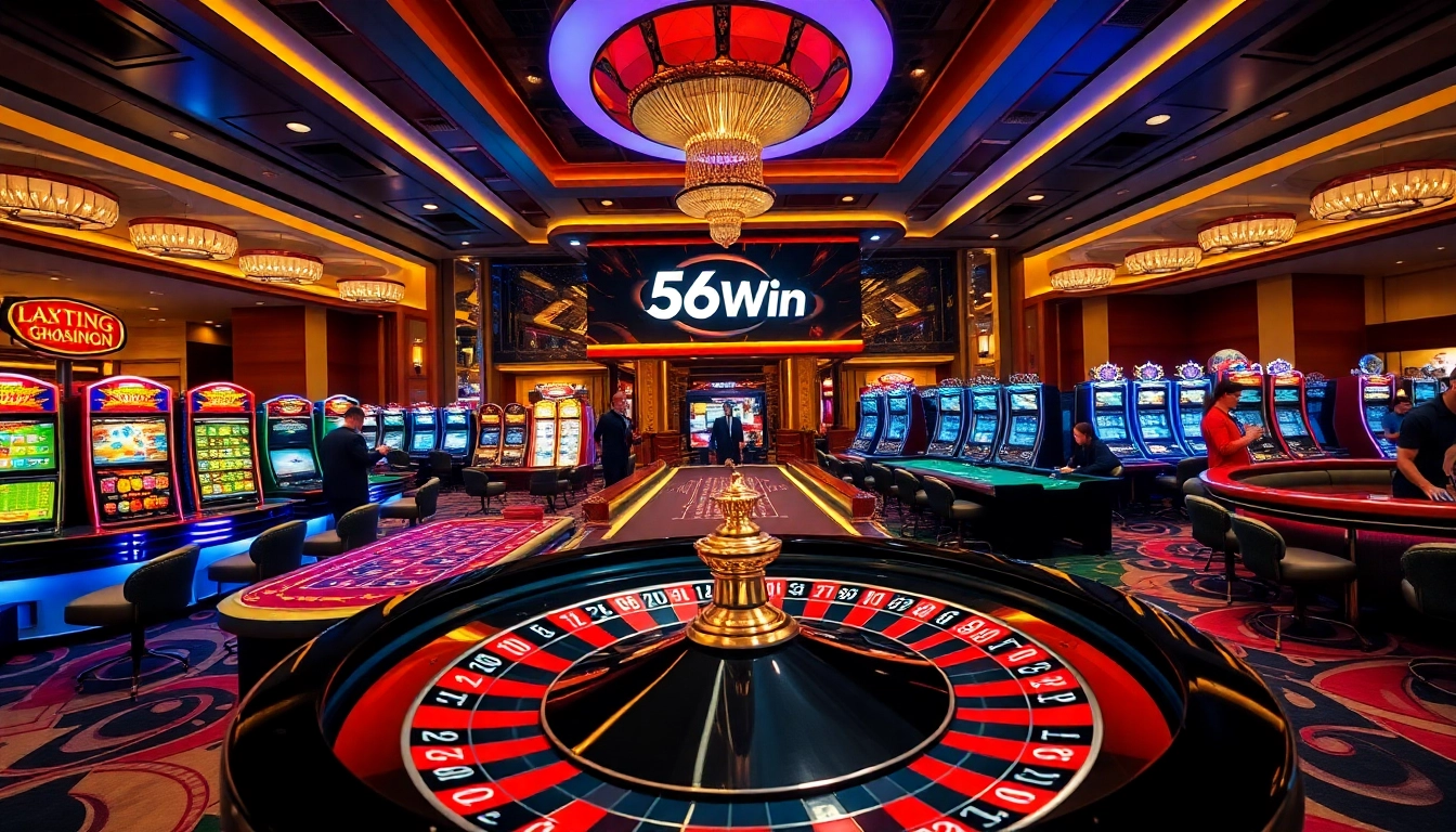 Experience the thrill of gambling at Trang Chủ 56WIN with vibrant casino tables and spinning roulette wheels.