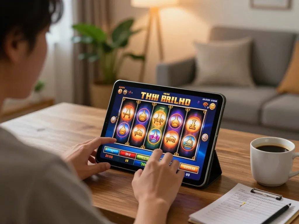 Engaged player enjoying slot thailand games on tablet in cozy home environment.