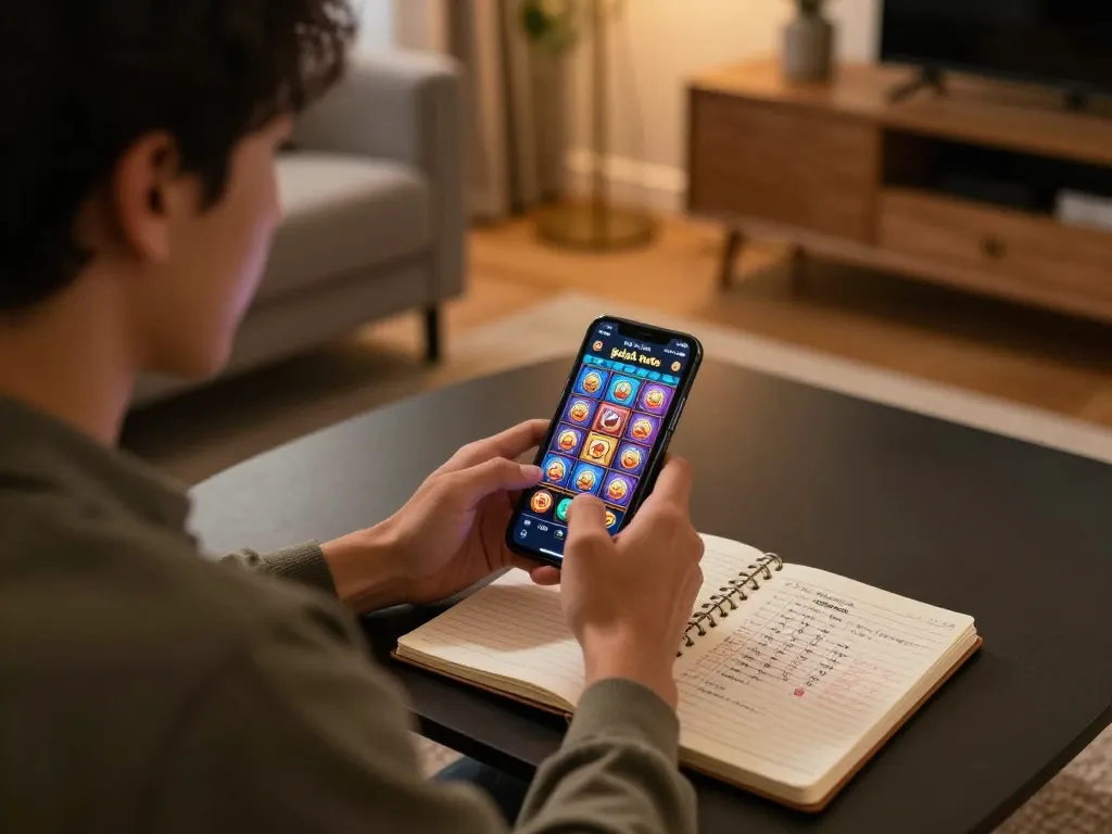 Engaging with gajah toto slots on mobile device in cozy home setting, showcasing gaming strategies.