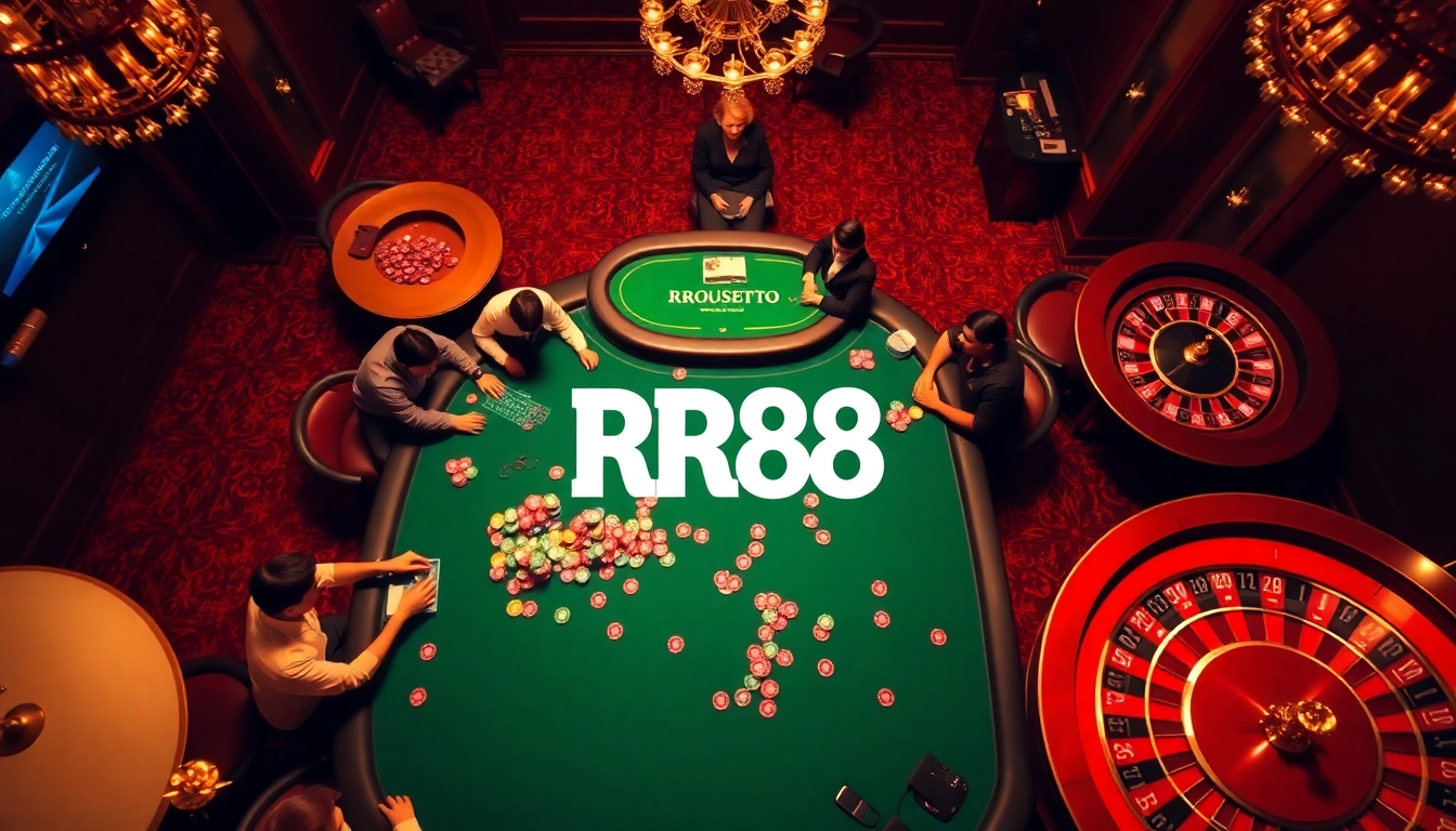 Experience high-stakes action at RR88 Casino with vibrant poker tables and thrilling gaming atmosphere.
