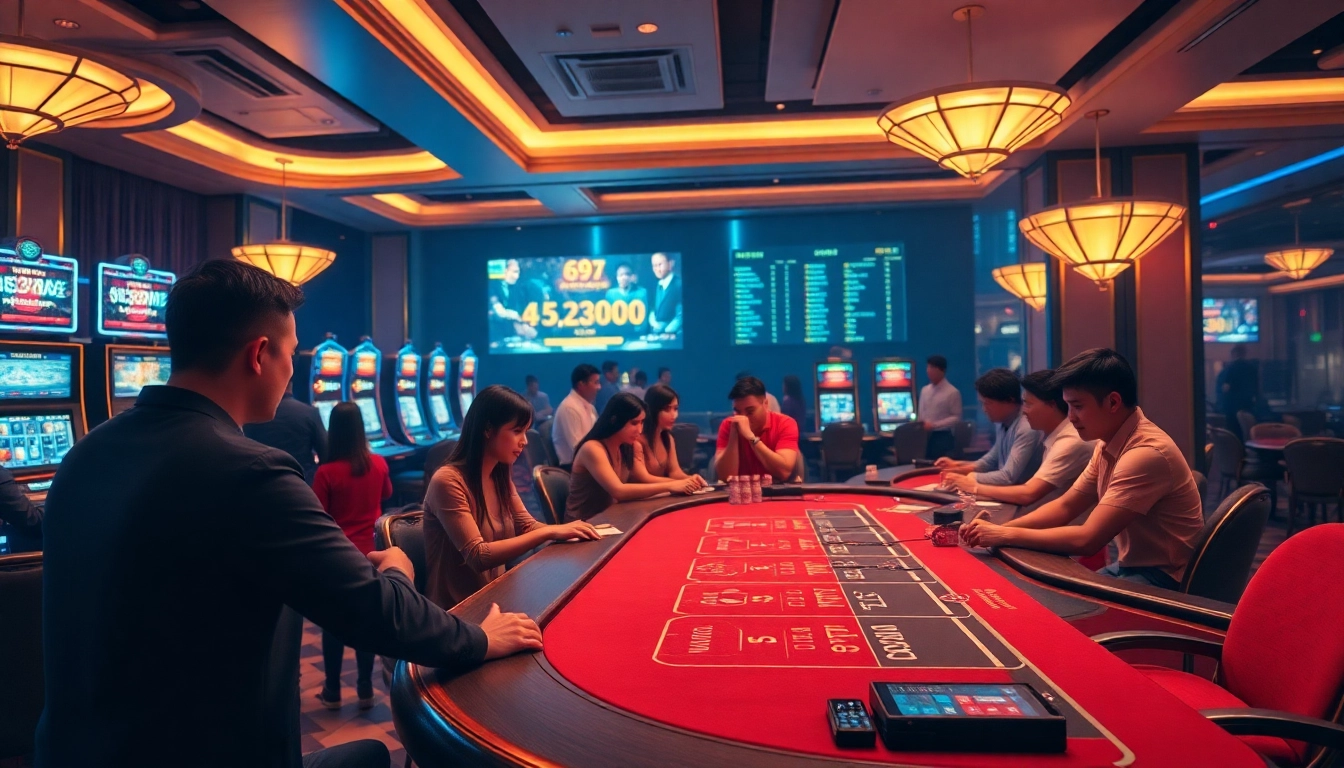 69VN online casino featuring vibrant gaming tables and enthusiastic players in an inviting atmosphere.