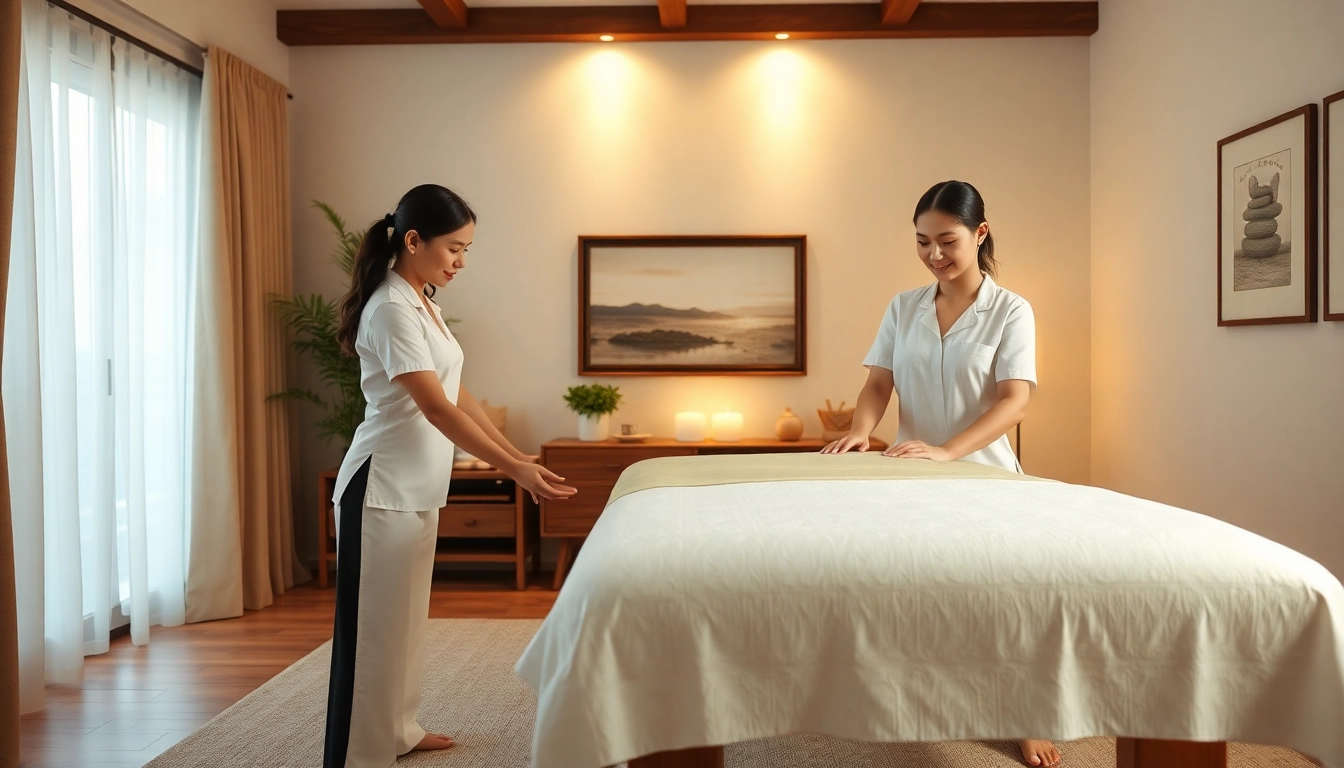 젊은 태국 마사지사가 있는 편안한 가정 마사지 분위기, 수원출장마사지 서비스를 홍보합니다.