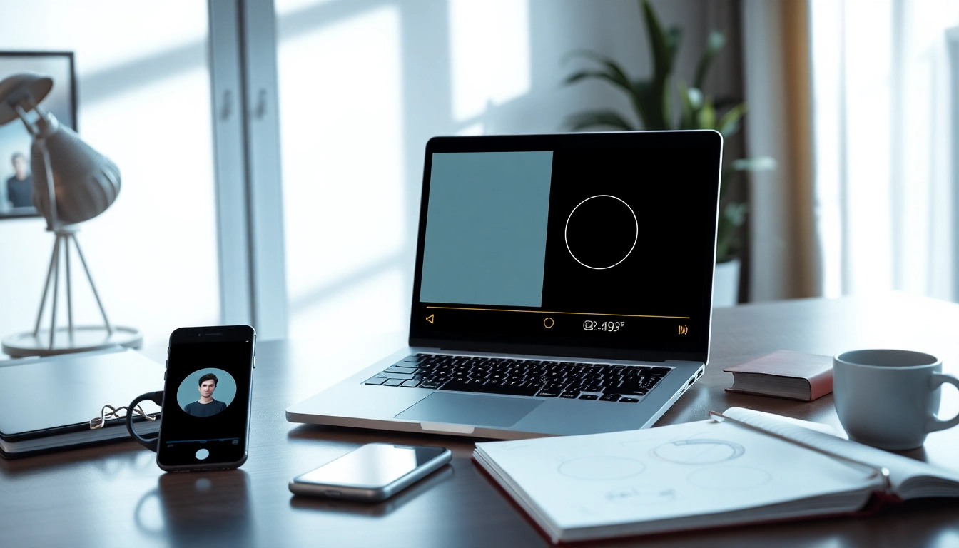 Circular image cropping tool displayed on a laptop screen in a modern workspace.