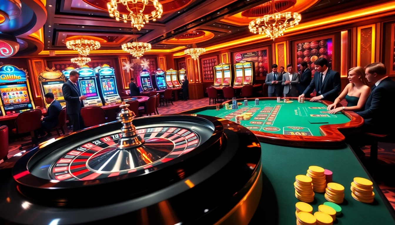 Vivez l'excitation des jeux à enjeux élevés dans un casino en ligne vivant avec des tables de poker et des roues de roulette.