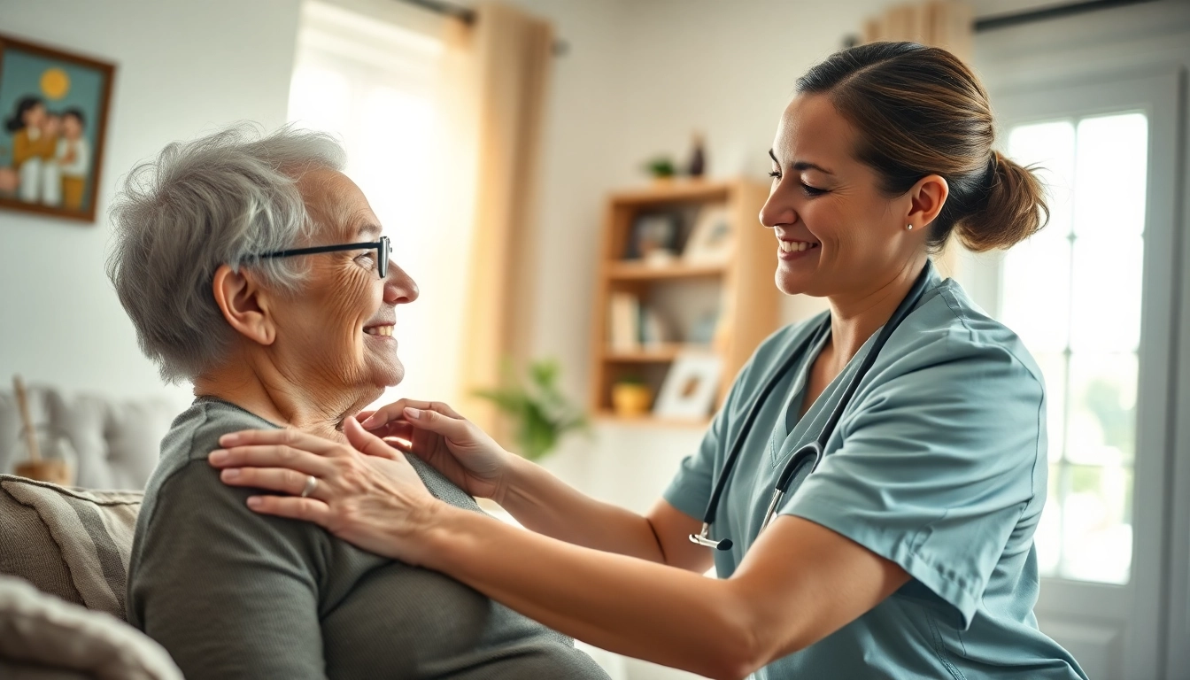 Providing in home health care near me, a caregiver assists an elderly individual in a cozy home setting.
