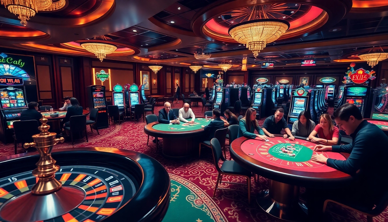 Players enjoying high-stakes games at a luxurious casino scene from https://nk88.luxury featuring roulette and poker tables.